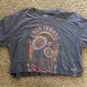 Hollister Gray Tee with Floral and Eye Design